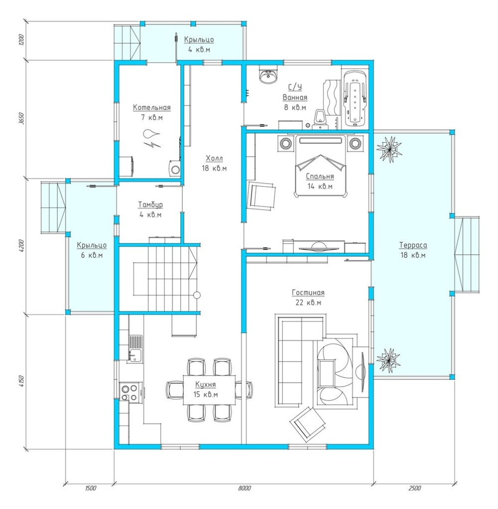 Каркасный коттедж Алексеевский — планировка 10,5x12 м — 1 этаж