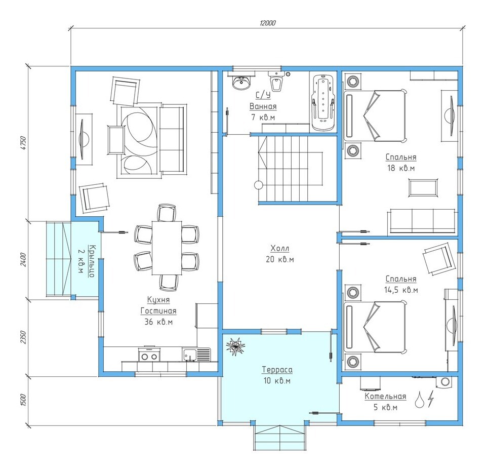 Каркасный коттедж Тимофеевский — планировка 11x12 м — 1 этаж