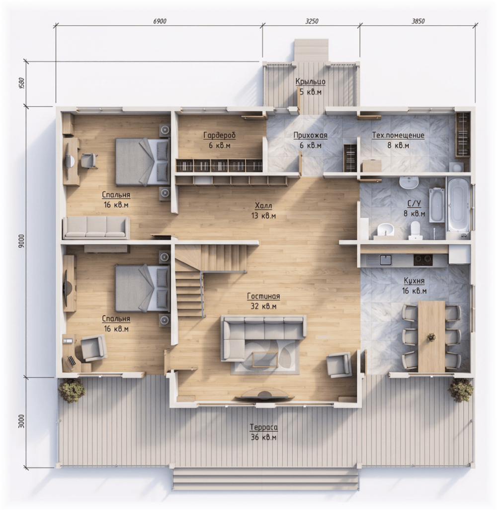 Каркасный коттедж Аврора — планировка 10x14 м — объёмный план, 1 этаж