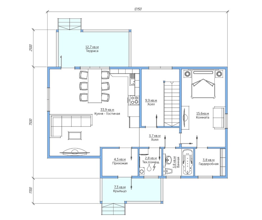 Каркасный коттедж Артемовский — планировка 7,5x12 м — 1 этаж