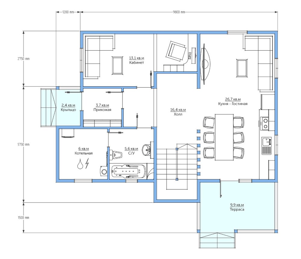 Каркасный коттедж Зеленоград — планировка 8,5x11 м — 1 этаж