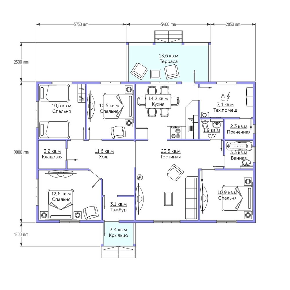 Каркасный коттедж Некрасовский — планировка 9x14 м