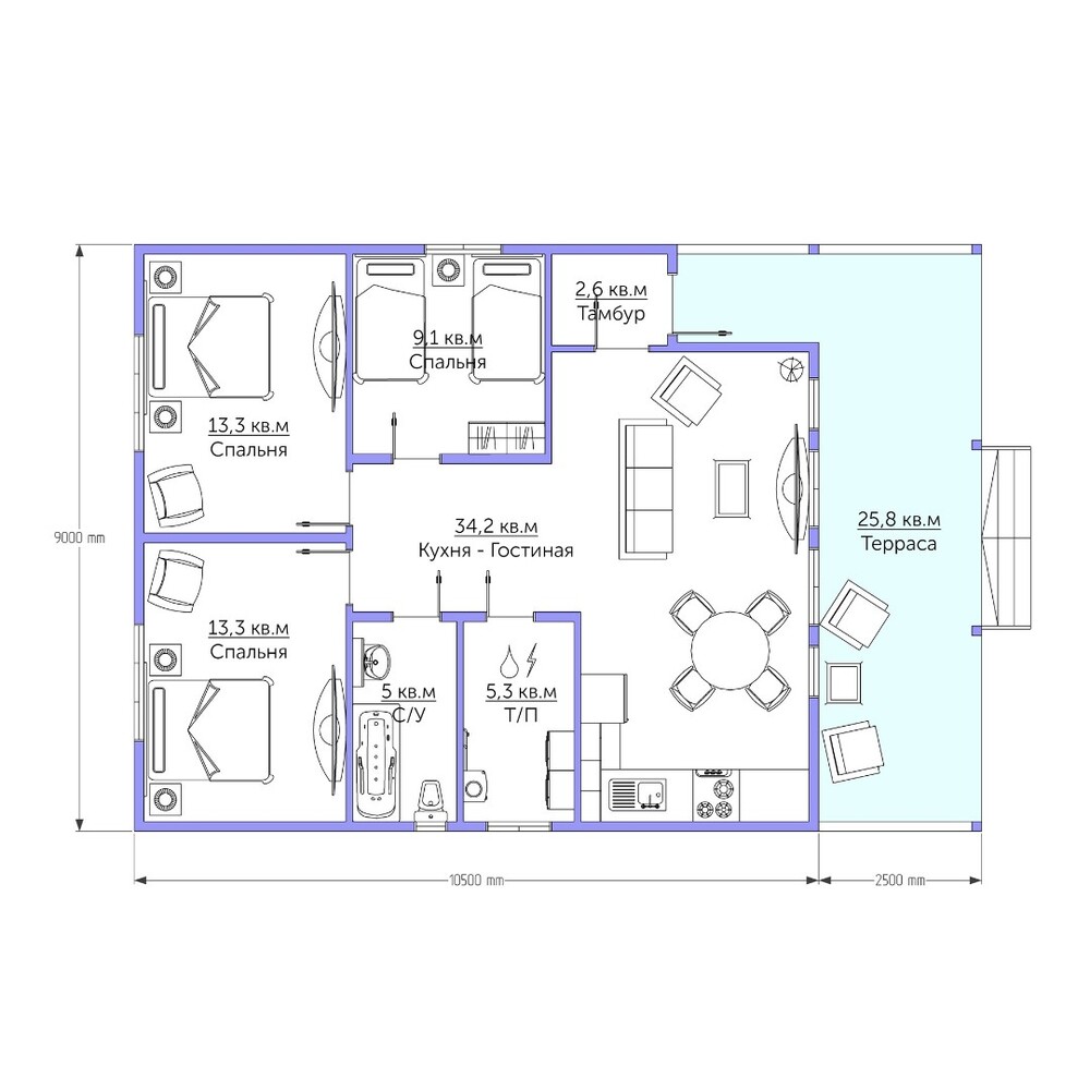Каркасный коттедж Камелот — планировка 9x13 м