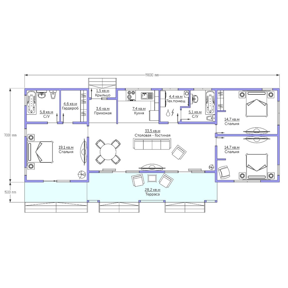 Каркасный коттедж Монтана — планировка 7x19 м