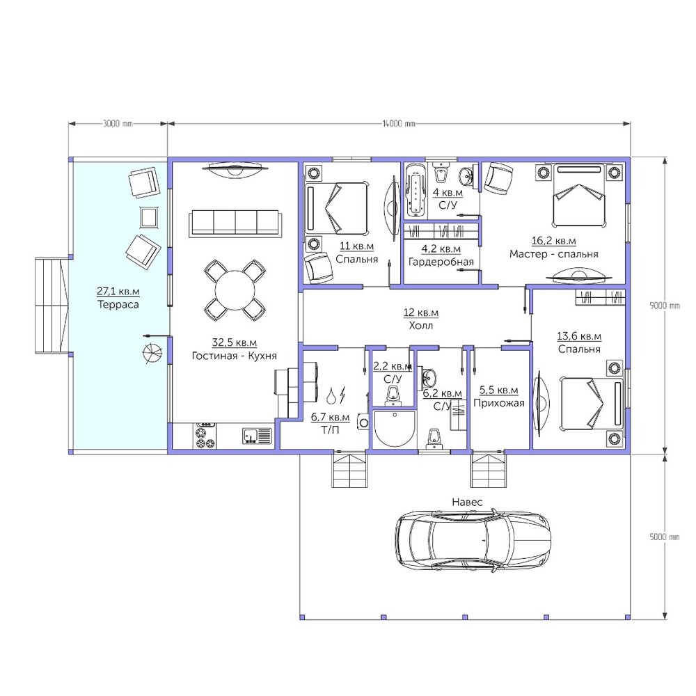 Каркасный коттедж Фортуна — планировка 9x14 м