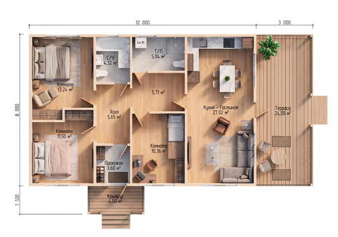 Каркасный коттедж Карелия — планировка 8x12 м
