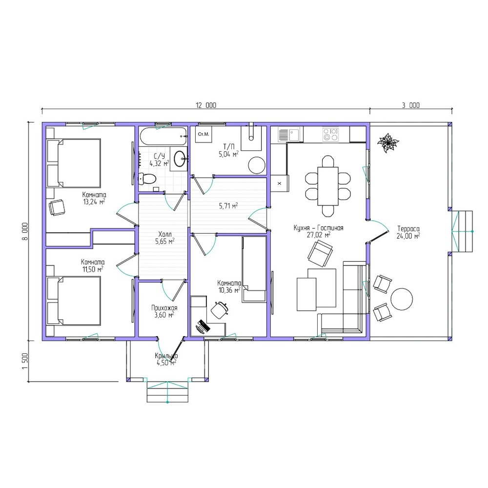 Каркасный коттедж Карелия — планировка 8x12 м