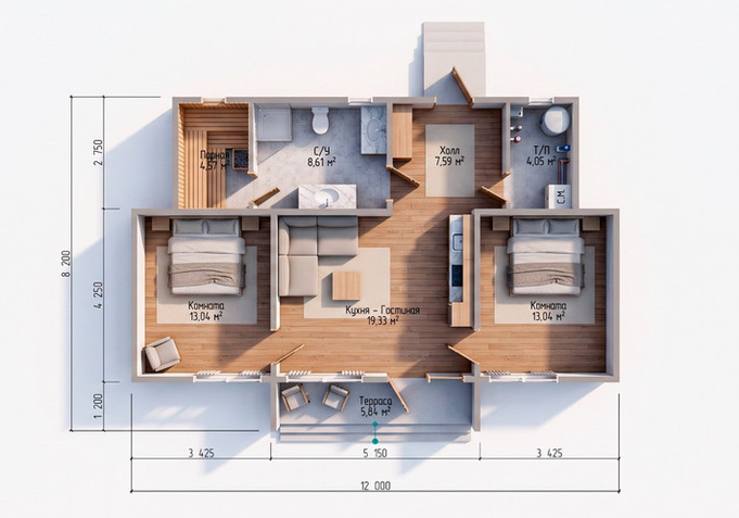 Каркасный дом Аделия — планировка 8,2x12 м