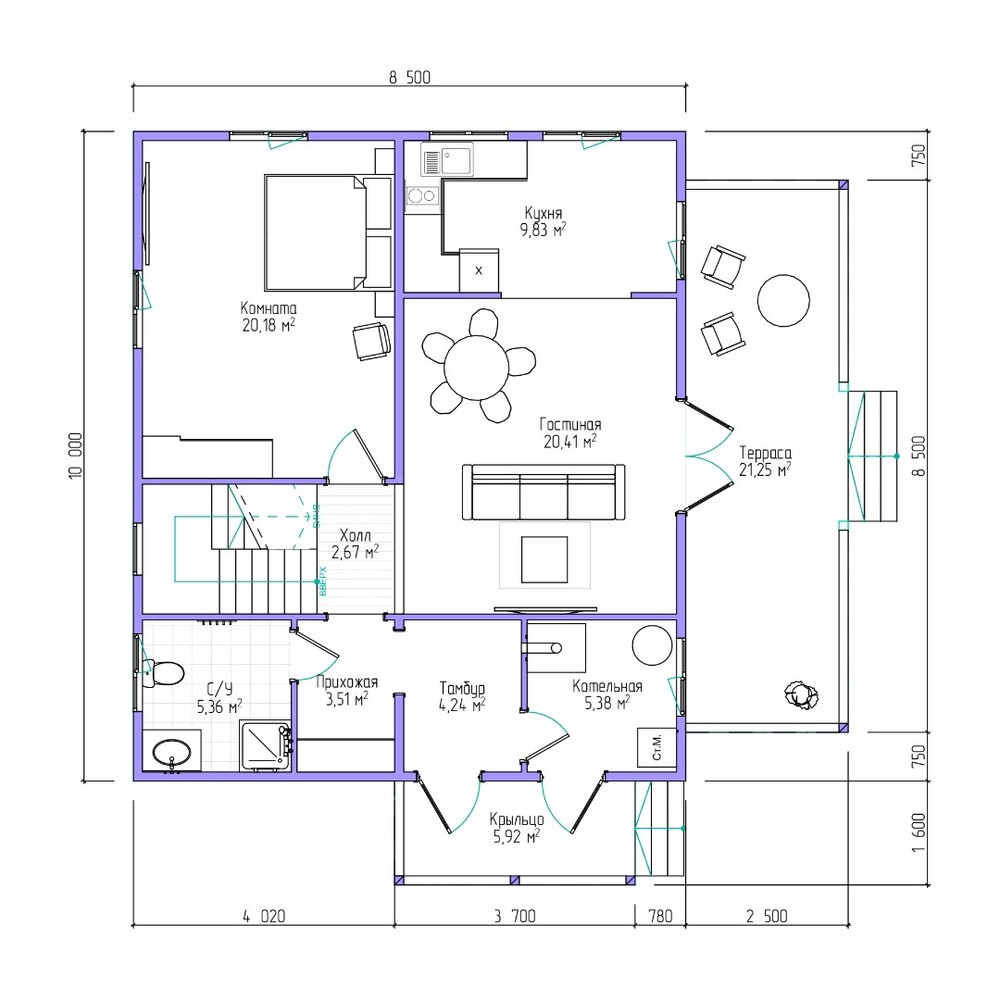Каркасный дом Садко — планировка 8,5x10 м — 1 этаж