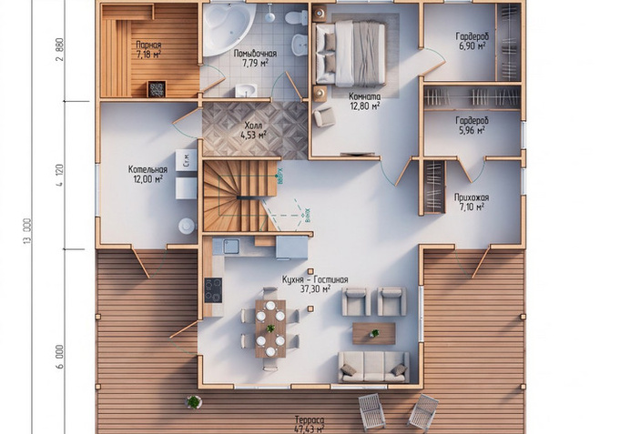 Каркасный коттедж Валдай — планировка 12x13 м