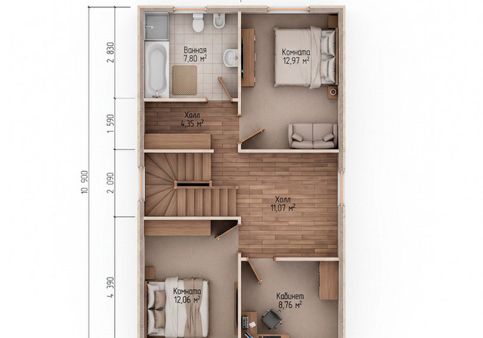 Каркасный коттедж Валдай — планировка 12x13 м