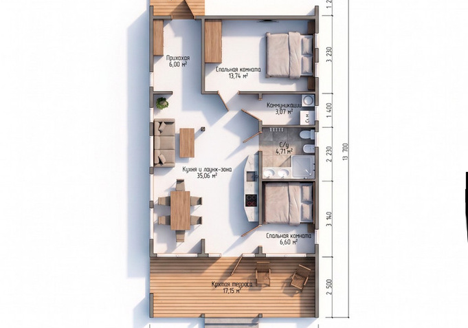 Барн-Хаус Софрино — планировка 7x12,5 м