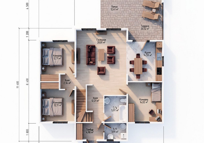 Каркасный коттедж Гармония — планировка 11,4x12,6 м