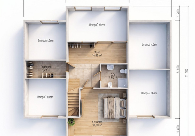 Каркасный коттедж Гармония — планировка 11,4x12,6 м