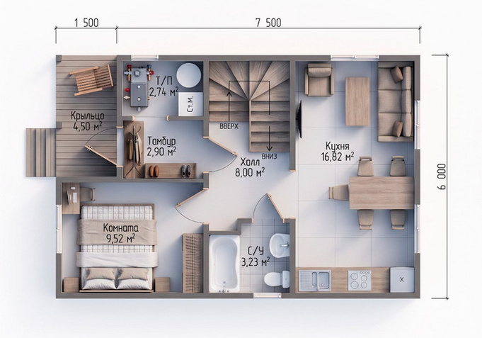 Каркасный коттедж Байкал — планировка 6x9 м