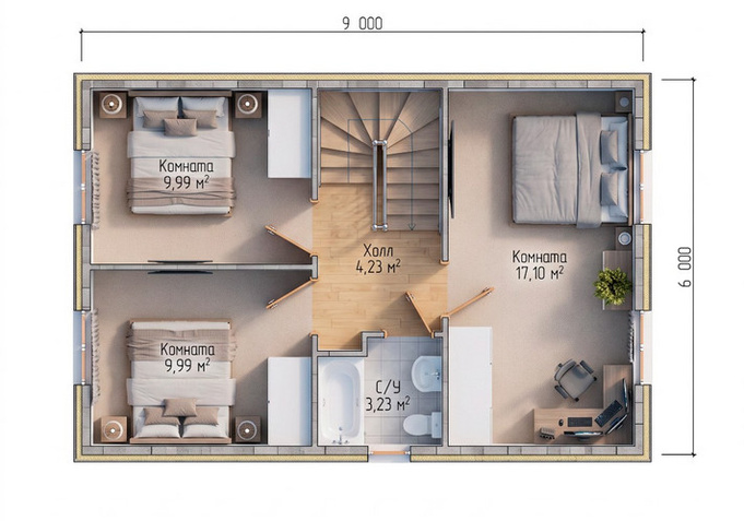 Каркасный коттедж Байкал — планировка 6x9 м