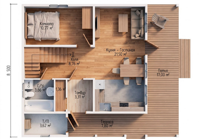 Каркасный коттедж Венеция — планировка 8x8,5 м