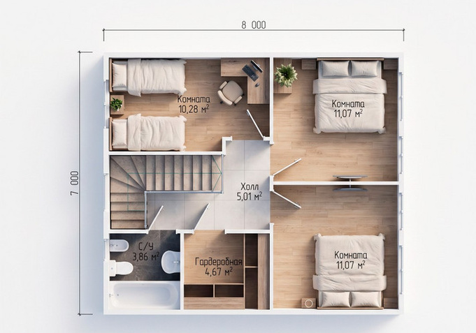 Каркасный коттедж Венеция — планировка 8x8,5 м
