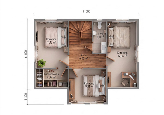 Каркасный коттедж Валенсия — планировка 7,3x9 м