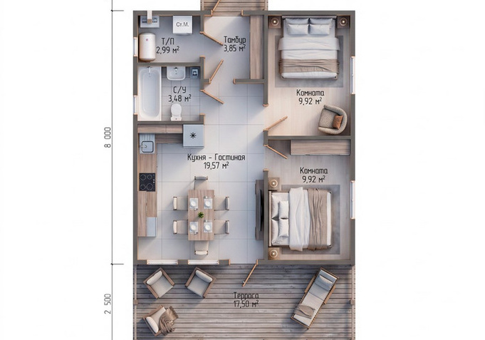 Каркасный дом Кедр — планировка 7x8 м