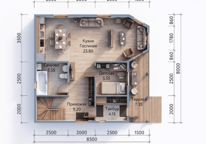 Каркасный коттедж  Ласточка — планировка 7x8 м