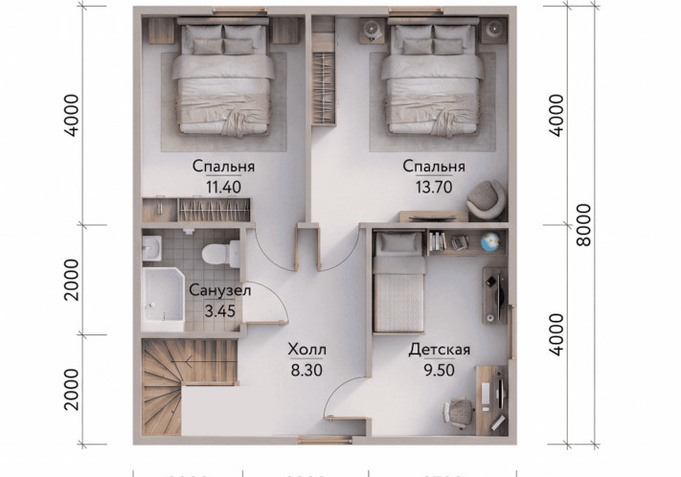 Каркасный коттедж  Ласточка — планировка 7x8 м