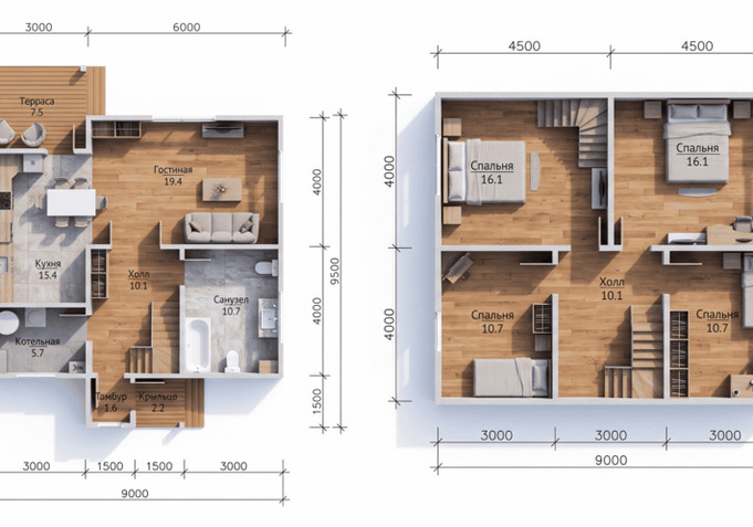 Каркасный коттедж Классик — планировка 8x9 м