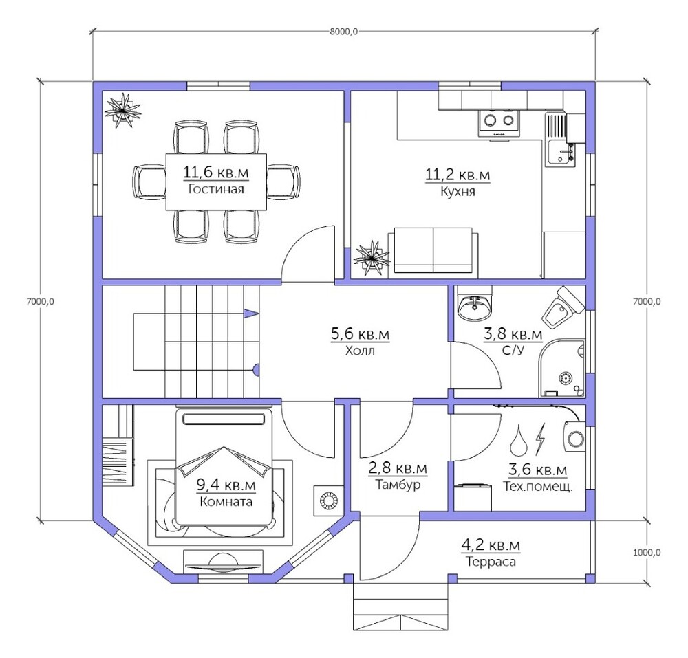 Каркасный коттедж  Верден — планировка 8x8 м — 1 этаж