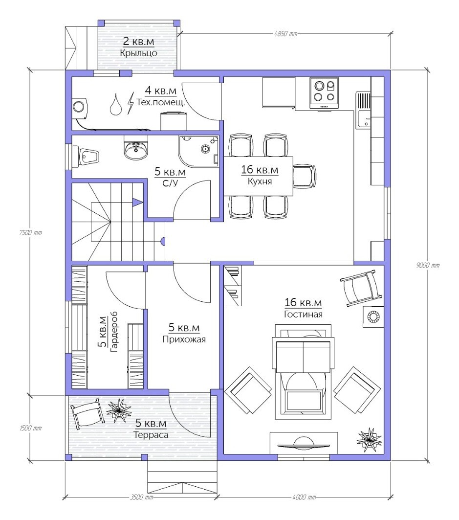 Каркасный коттедж Муром — планировка 7.5x9 м — 1 этаж