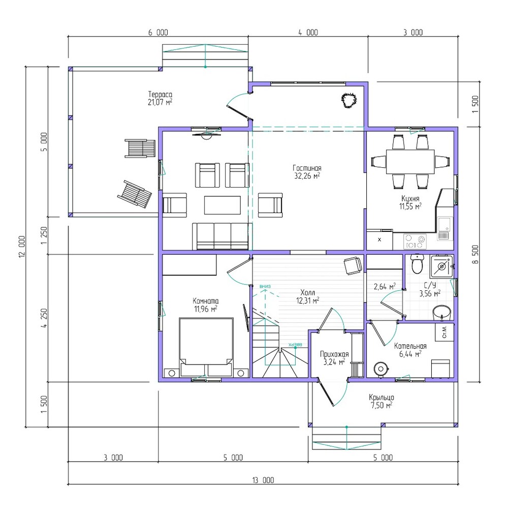Каркасный коттедж Терем — планировка 10x10 м — 1 этаж