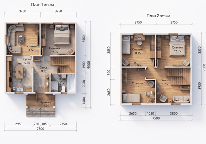 Каркасный коттедж Брага — планировка 7.5x7.5 м