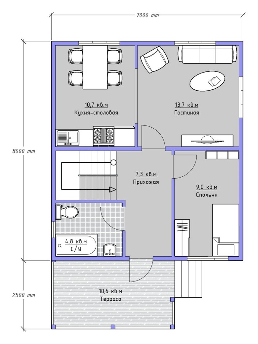 Каркасный коттедж Солнышко — планировка 7x8 м — 1 этаж