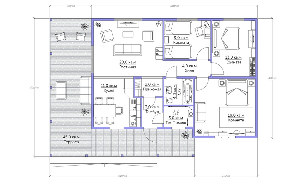 Каркасный дом Брайтон — планировка 10x12 м