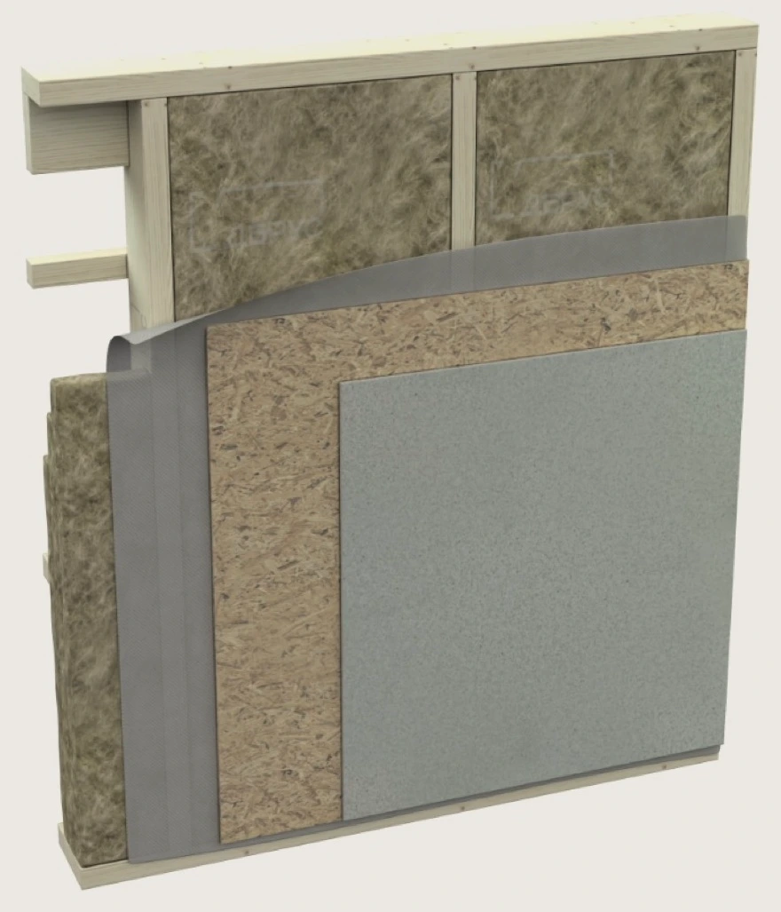3D-разрез стены каркасного дома со стороны комнаты: утеплитель между стойками, поверх него пароизоляционная пленка с проклеенным швом, дальше плита ОСБ и лист влагостойкого гипсокартона